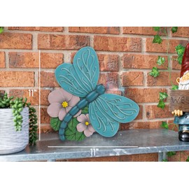 NAT & Jules Animal Character Shaped Dimensional Indoor Outdoor 11 inch Cast Resin Decorative Garden Stepping Stone, Patio, Walkway Sculpture Yard Art, Teal Blue Dragonfly