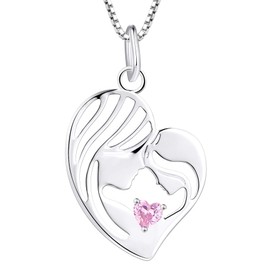 YL Mother and Daughter Necklace 925 Sterling Silver Mum Hold Child Heart Pendant Pink Tourmaline Jewelry Gifts for Moms