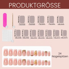 TESGADGETS 24 Pieces Golden Rhinestones Press On Short Square French Tip False Nails 3D Diamond with Golden Bow Full Cover for Women and Girls