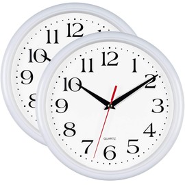 Bernhard Products White Wall Clocks 10 Inch, Set of 2 Silent Non Ticking Quality Quartz Battery Operated Round Easy to Read Home/Office/Kitchen/School Classroom Clock