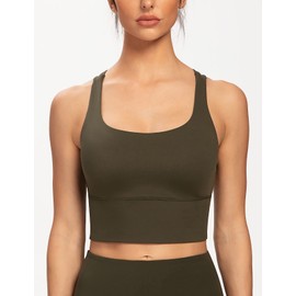 AGONVIN Women's Longline Strappy Padded Medium Support Training Top Sports Bra, olive green