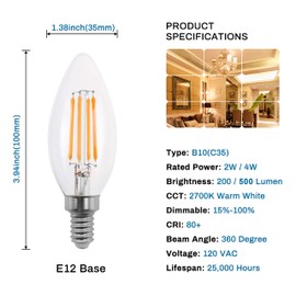 E12 Candelabra Led Bulbs Dimmable, 20 Watt Equivalent, B10/B11 C35 Filament Led Candle Light Bulbs 6 Pack