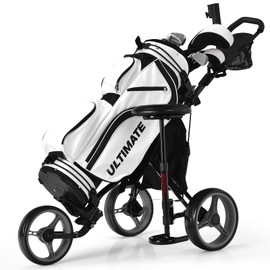 Tangkula Golf Push Pull Cart with Seat, Lightweight Folding 3 Wheels Golf Push Cart, Golf Trolley W/Storage Bag, Foot Brake, Adjustable Umbrella Holder & Seat, 4 Height Position Handle (Gray)