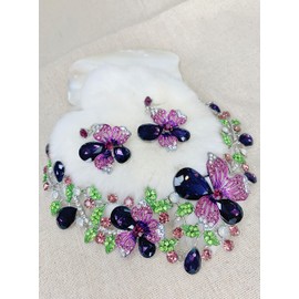 MMonesu Crystal Flower Bib Statement Necklace Set Chunky Purple Flower Statement Necklace & Earrings Drama Bib Collar Jewelry Set for Women Prom Party Jewelry