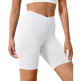 VALANDY Creamlush Crossover Biker Shorts Women - 8" V Cross Waist Yoga Lounge Shorts,Comfortable & Stretchy White