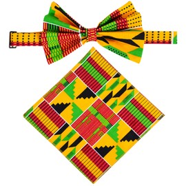 Kente nyama African Print Cloth Tie Sets Kente Bow Tie and Pocket Square 2 Pcs for Black History Men Boy