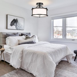 FRIDEKO HOME Semi Flush Mount Ceiling Light 3 Light Ceiling Light Fixture Close to Ceiling Light Fixture with Metal Frame Fabric Drum Shade for Bedroom Living Room Hallway Kitchen Entryway