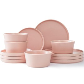 Asrug 12-Piece Plates and Bowls Sets,Ceramic Dinnerware Sets for 4, Chip Resistant and Scratch Dish Set, Dining Dinner Porcelain Dishware, Microwave and Dishwasher Safe,Pink Matte