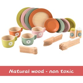 Giant bean 27PCS Wooden Toy Plates and Dishes for Kitchen Set, Wooden Play Kitchen Accessories for Girls and Boys, Montessori Toys, Christmas Birthday Gift for Kids
