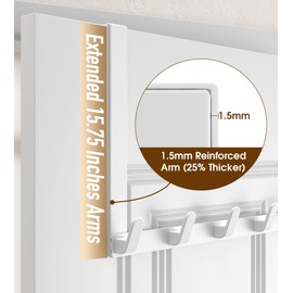 KitchLife Long Over The Door Hooks Hanger with 15.75" Extended Arms, Fits 1 3/8" Doors, L40U - Bathroom Accessories and Towel Rack Organization - 1 Pack, Glossy White