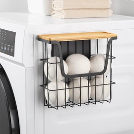 CACHOLIV Magnetic Dryer Ball Holder - Black Basket for Laundry Room Organization and Storage with Bamboo Top - Magnetic Lint Bin Suitable for Washer and Dryer / Fridge / Whiteboard (No Balls)