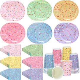 Havawish 108 Pcs Donut Sprinkle Party Supplies Set Include Sprinkles Paper Plates Ice Cream Disposable Napkins Sprinkle Paper Cups Disposable Tableware for Birthday Wedding Baby Shower Decorations