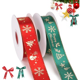 Paquete de 2 piezas Cinta de satén para navideños,2.5cm x 25 Yardas,Rollos Satinado Colores Listón para Decoración de fiestas navideñas,embalaje de regalos navideños (Rojo+verde, 2.5cmx25yardas)