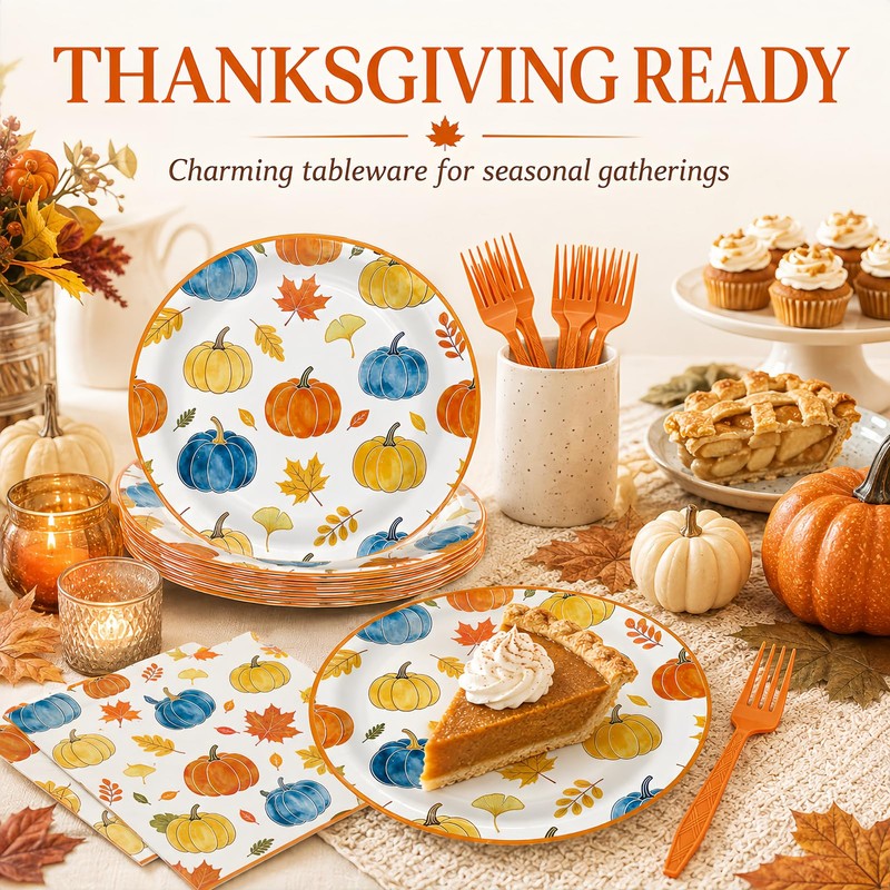 72Pcs Fall Paper Plates and Napkins Set, Autumn Pumpkin Dessert
