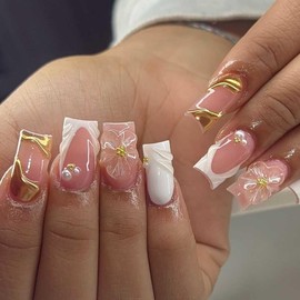 Foccna French Press on Nails Medium Pink Fake Nails Square Bling Gold Line Design Glossy 3D Flower Design False Nail Tips Artificial Nails Finger Manicure for Women 24pcs