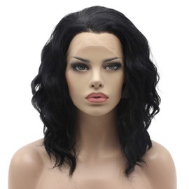 Lushy Short Wavy Black Wig Full Density Half Hand Tied Heat Friendly Synthetic Lace Front Wig