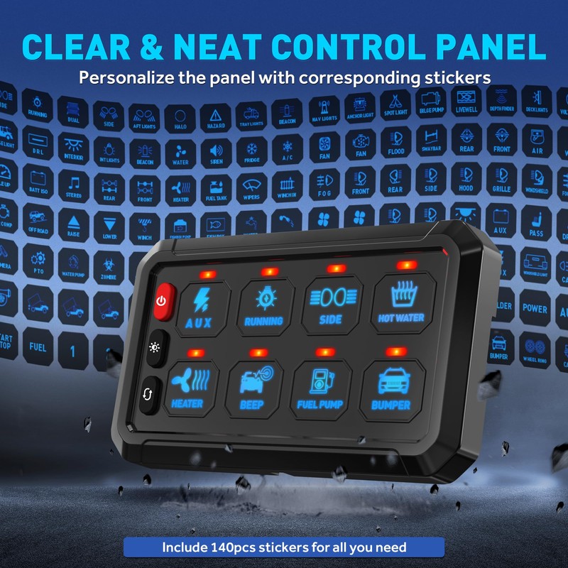 Blue 8 Gang Switch Panel, Momentary ON-Off Touch Switch Box