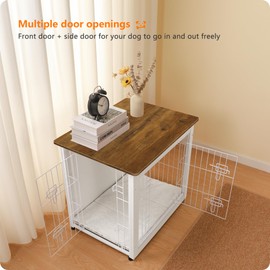DWANTON Dog Crate Furniture with Cushion, Wooden Dog Crate with Double Doors, Dog Furniture, Dog Kennel Indoor for Small Dog，End Table, 27.2" L, White+Warm Brown