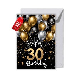 WBdesignz Geburtstag Karte mit Umschlag - Elegante Geburtstagskarte 30 Jahre Happy Birthday Schwarz Gold Ballons 30ter Geburtstag (XXL DIN A4)