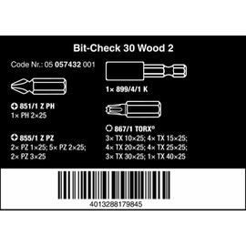 Wera 05057432001 Bit-Check"Wood 2" (30 Piece)