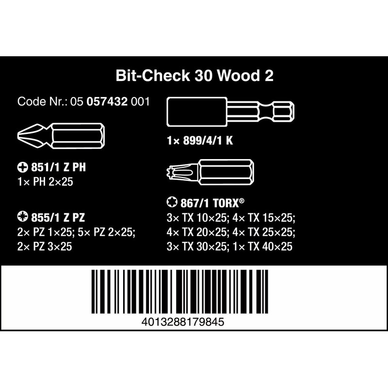 Wera 05057432001 Bit-Check"Wood 2" (30 Piece)