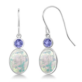 Gem Stone King 14K White Gold White Simulated Opal and Blue Tanzanite Hook French Fish Ear Wire Dangle Earrings For Women (2.34 Cttw, Gemstone October Birthstone, Oval Cabochon 8X6MM, Round 3MM)