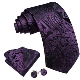 Barry.Wang Dark Purple Black Ties for Men Paisley Silk Necktie Pocket Square Cufflinks Set Formal Wedding Party Business