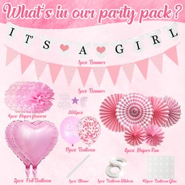 Babyparty Deko Mädchen - 45 Stück Rosa Baby Shower Deko mit Its A Girl Girlande Banner Wimpelkette Luftballons Papier Fächer Pompoms und Konfetti, Welcome Baby Girl Gender Reveal Party Dekoration