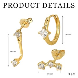 MPQDFG 3 Pairs of Earrings Set for Women, 14 Carat Gold-Plated Small Hoop Earrings and Cubic Zirconia, Stackable, Waterproof and Hypoallergenic Gold Earrings, Multiple Perforated Gold Jewellery for