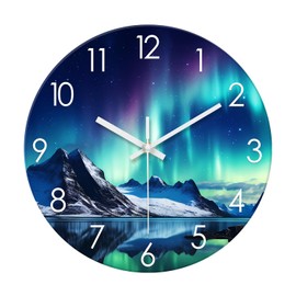 XNM Teal Landscape Kitchen Clocks 14 Inch Glass Wall Clocks Battery Operated Round Silent Wall Clock Non Ticking