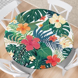 Eiuflka Round Fitted Tablecloth with Elastic Tropical Palm Leaves Outdoor Tablecloth Round Table Cover Waterproof Tablecloth for Kitchen Party Picnic Fits 40-44" Diameter Round Tables