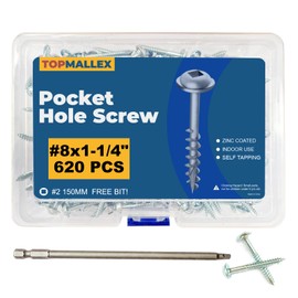 Pocket Hole Screws 1-1/4 inch, TOPMALLEX Pocket Screws #8 x 1-1/4" with Square Drive 620PCS, Wood Screws, Fine Thread, Washer Head, Self Tapping, Zinc Plated, 150MM Drive Bit Included
