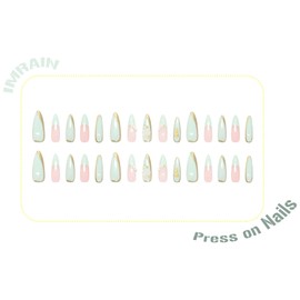 IMRAIN Press on Nails Long Stiletto Fake Nails Green French Tip False Nails with Floral & Golden Edge Designs Artificial DIY Nail Supplies Glossy Glue on Nails for Women Flower Stick on Nails