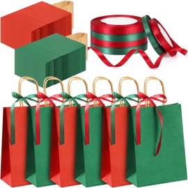 Abbylike 200 Pcs Christmas Paper Gift Bags with Handles Paper Gift Wrapping Bags and 6 Rolls Ribbon for Holiday Xmas Birthday Shopping Wedding Party Decor, 6 x 3 x 8 Inch(Dark Green, Wine Red)