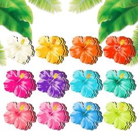 CutitiUU 36 PCS Wooden Hawaiian Flower Ornament Pendant,Summer Tree Ornaments Set,Hawaiian Flower Decorate Wooden Hibiscus Daisy Hanging Decor,Hawaiian Beach Wood Pendant for Summer Party