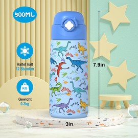 Ntswasd Children's Stainless Steel Drinking Bottle, Straw Thermos Flask, 500 ml, BPA-Free, Leak-Proof Thermal Water Bottle for School, Nursery (Dinosaur Blue)