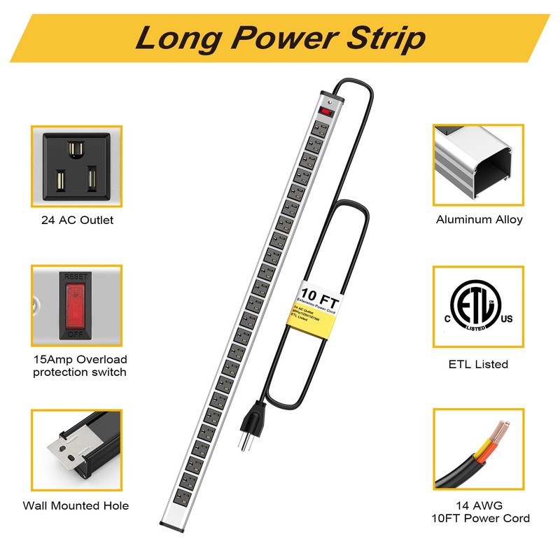 Long Power Strip 24-outlet ETL Certified Heavy Duty Metal Power