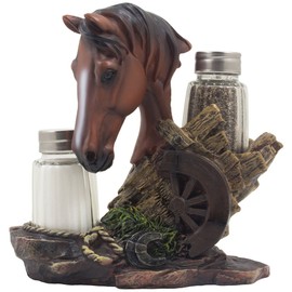 Home 'n Gifts Chestnut Resin Shaker Set with Horse Holder, 3 Pieces, 6 x 3 x 2 inches, Western Ranch Decor, Country Farm Kitchen Table Centerpiece, Gift for Farmers