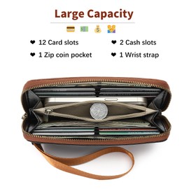 SENDEFN Women's Large Leather Purse with Zip, RFID Protection, Long Women's Purse with Multiple Card Slots and Wrist Strap, Blackish brown, Contemporary