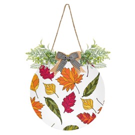 Autumn Falling Leaves Seamless On White Door Hanging Sign, 12" Merry Christmas Front Plaque Board Round Wreath for Daily Holiday Welcome Home Garden Yard Wall Pediments