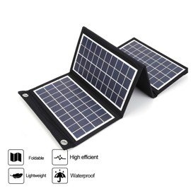 Portable Solar Panel, 30W 5V Foldable Solar Panel Charger with Dual USB Outputs, 4 Fold Water Proof Solar Panel with 2 Hooks, for Outdoor Camping Trip