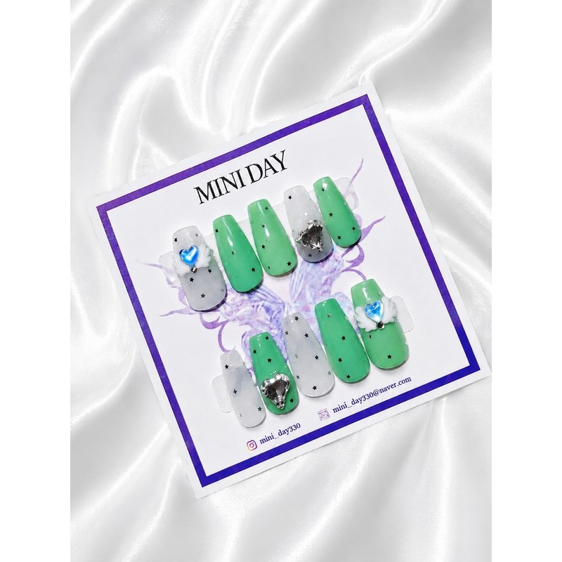 Mint Angel Heart Handmade Nail Tips - Stiletto / 민트