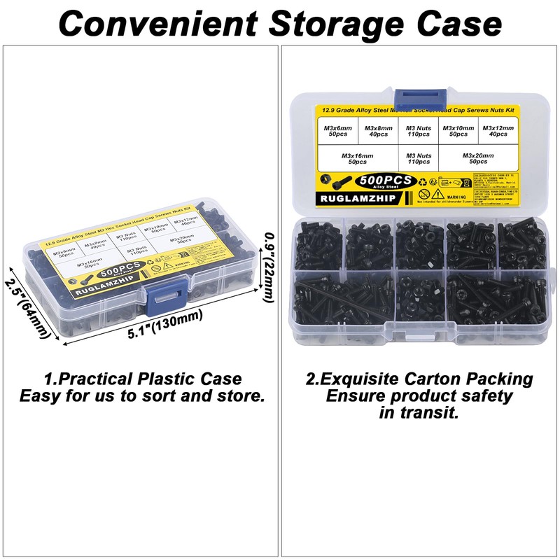 500 x M3 screws set, hexagon socket screws, nuts set,