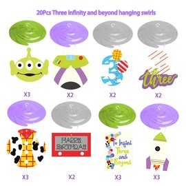 20Pcs to Infinity Three and Beyond Birthday Hanging Swirls, Story 3rd Birthday Party Hanging Streamers Whirl, 3 Infinity and Beyond Ceiling Hanging Decor for Cartoon Story 3rd Bday Party