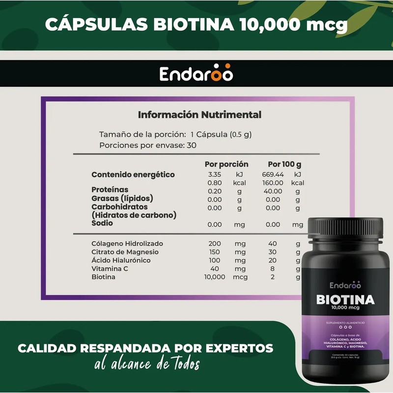 Biotina 10,000 Mcg Con Colágeno, Ácido Hialurónico, Magnesio 30 Cápsulas