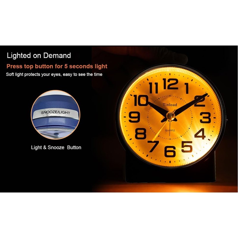 Tinload 4.3" No Ticking Analog Alarm Clock,Silent Readable for Seniors,Easy
