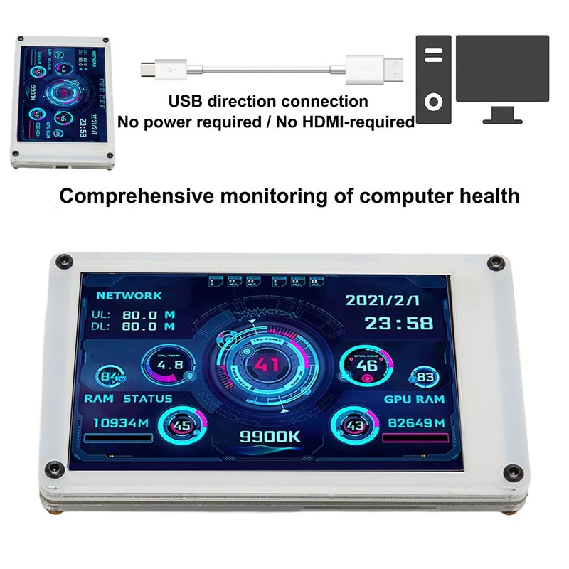 Computer Temp Monitor 3.5 Inch IPS Dimmable Theme Editor Auto