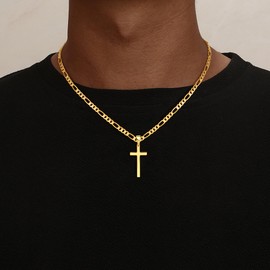 HIMSTORY Gold Cross Necklace for Men, 18K Gold Plated 925 Sterling Silver 5MM Figaro Chain Necklace for Men Jewelry Sturdy Non-Fading Mens Cross Chains Gifts for Boyfriend Father Husband 20 Inch