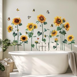 Watercolor Sunflower Wall Sticker Peel and Stick Flower Butterfly Wall Decal Vintage Floral Plant Wall Art Mural Green Leaf Wall Stickers for Living Room Bedroom Decor