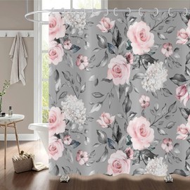Hnmdmyi Floral Shower Curtain 180x200, Pink Grey Flower Shower Curtains Elegant Vintage Blossom Watercolor Roses Bathroom Curtains with Hooks Waterproof Polyester Fabric Washable Bath Curtains
